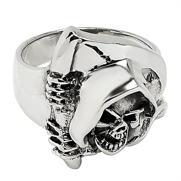 Sterling silver grim reaper skull with scythe ring angled down.