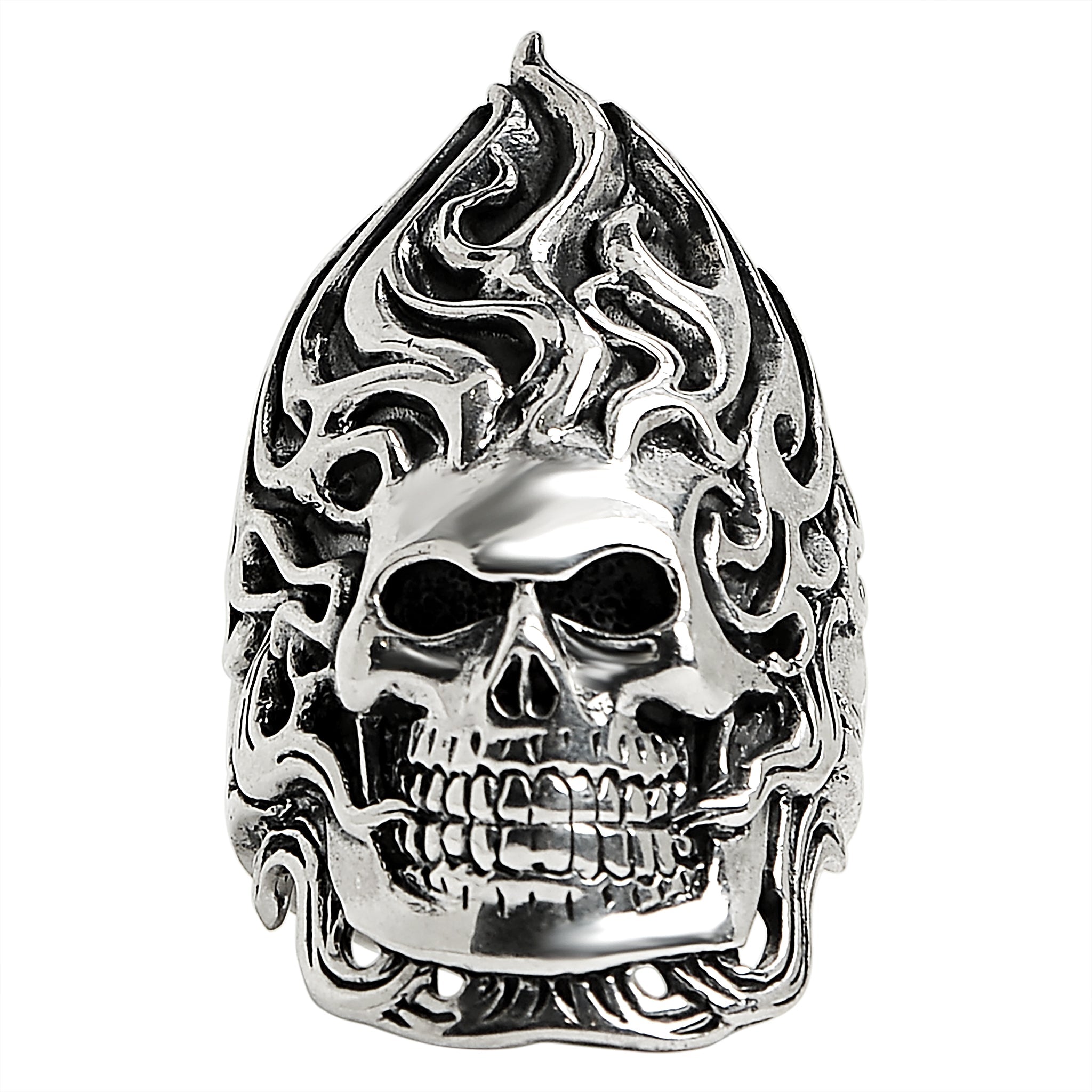 Sterling Silver Flaming Skull with Chain Accents Ring / SSR0006-sterling silver pendant- .925 sterling silver pendant- Black Friday Gift- silver pendant- necklace pendant