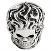 Sterling silver flaming skull with chain accents ring angled down.