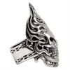 Sterling silver flaming skull with chain accents ring side view.