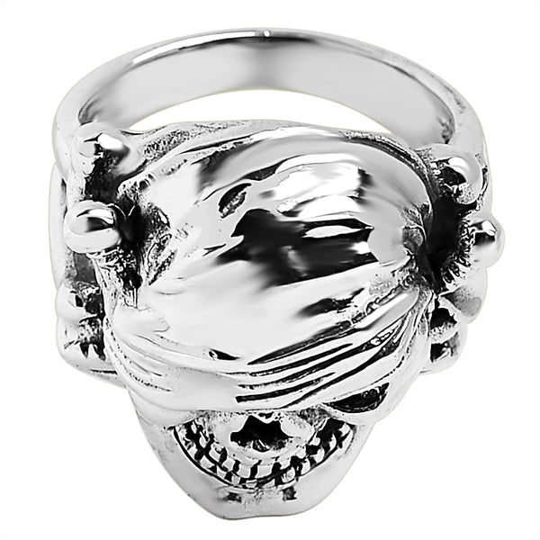 Sterling silver pirate skull ring angled down.