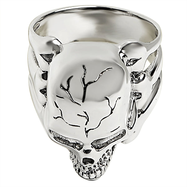 Sterling silver screaming cracked skull with bones ring angled down.