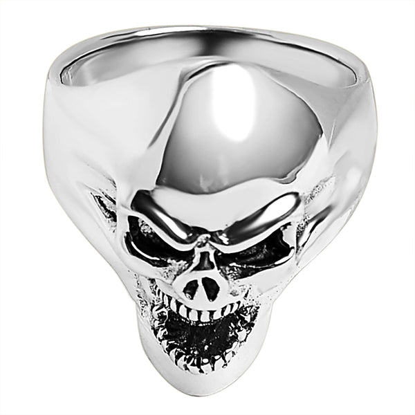 Sterling silver screaming skull ring angled down.