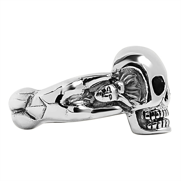 Sterling silver skull and nude women ring side view.