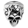 Sterling silver flaming skull ring angled down.