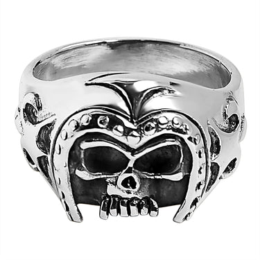 Sterling silver medieval knight warrior skull ring angled down.