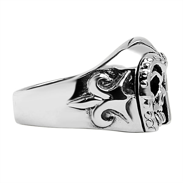 Sterling silver medieval knight warrior skull ring side view.