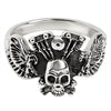Sterling silver winged skull and crossbones eagle engine ring angled down.