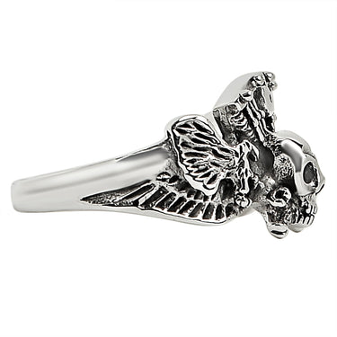 Sterling silver winged skull and crossbones eagle engine ring side view.