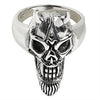 Sterling silver devil skull ring angled down.