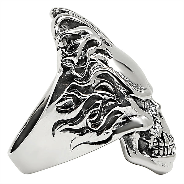 Sterling silver flaming hair skull ring side view.