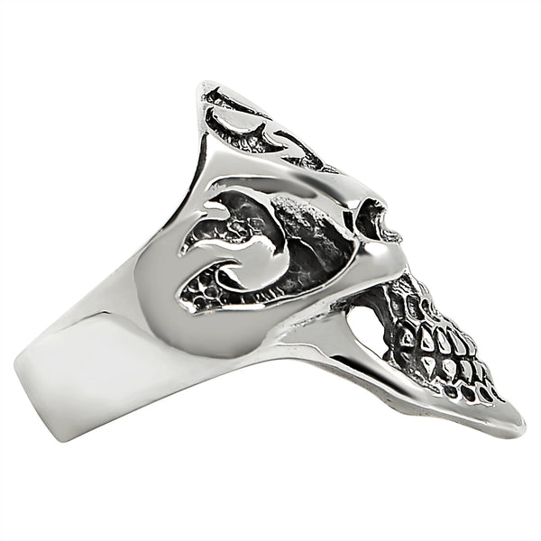 Sterling silver flaming skull ring side view.