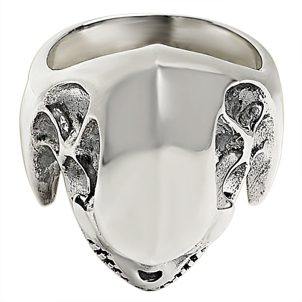 Sterling silver alien skull ring angled down.