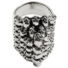 Sterling silver stacked skulls ring angled down.