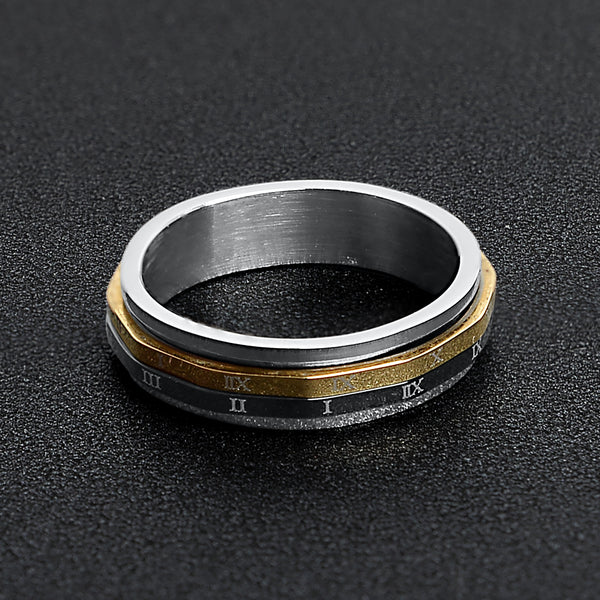 Roman Numerals Gold Black Spinner Stainless Steel Ring / SSU011