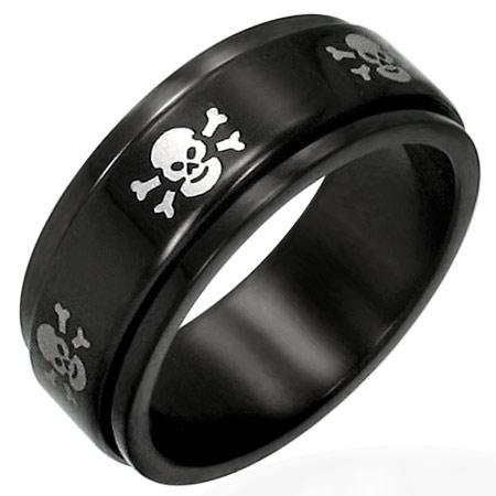 Black With White Skulls Stainless Steel Spinner Ring / STC003