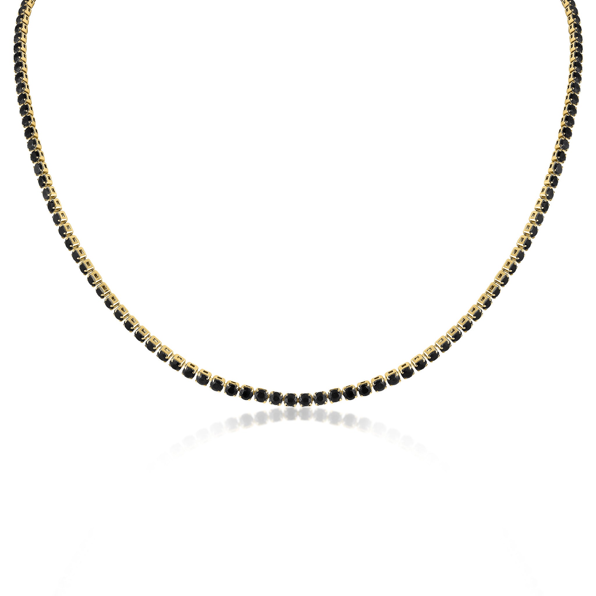 18k Gold PVD Coated Stainless Steel Jet Rhinestone Tennis Chain Necklace With 2" Extension / TNN0004