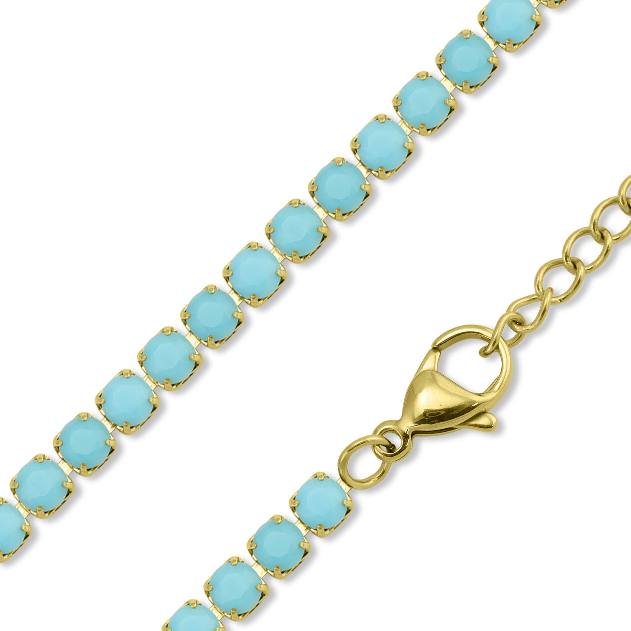 18k Gold PVD Coated Stainless Steel Turquoise Rhinestone Tennis Chain Necklace With 2" Extension / TNN0006