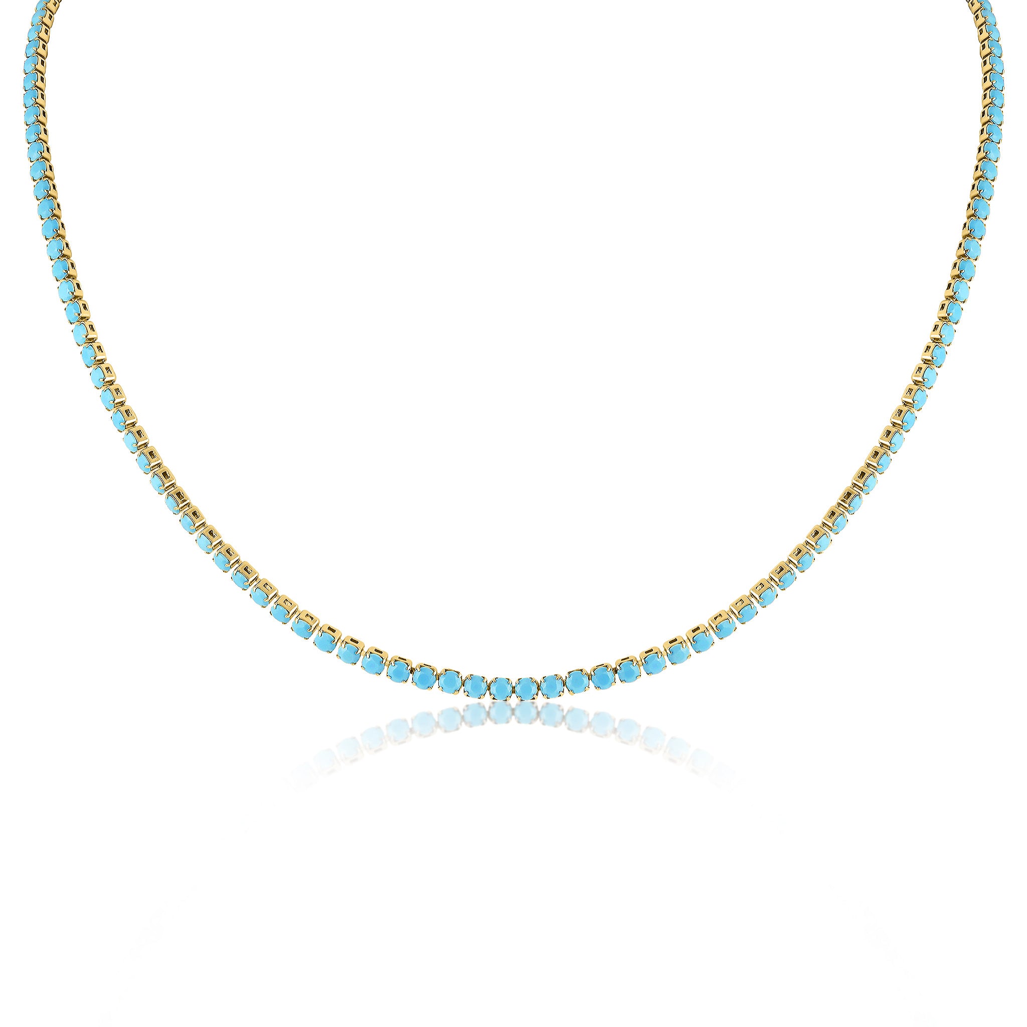 18k Gold PVD Coated Stainless Steel Turquoise Rhinestone Tennis Chain Necklace With 2" Extension / TNN0006