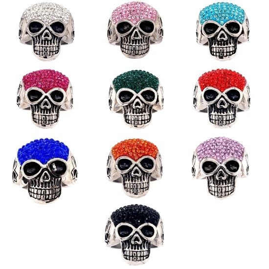 Skull With Tiny Red Accent CZ Stones Stainless Steel Ring / SCR3105-wholesale stainless steel jewelry- does stainless steel jewelry tarnish- stainless steel jewelry good- stainless steel jewelry cleaner- gold stainless steel jewelry