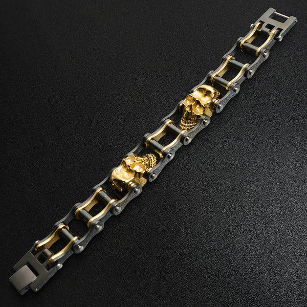Stainless Steel Black And 18K Gold PVD Coated Skull Bracelet / WCB1003