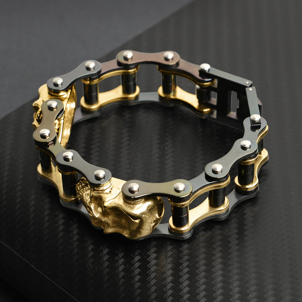 Stainless Steel Black And 18K Gold PVD Coated Skull Bracelet / WCB1003