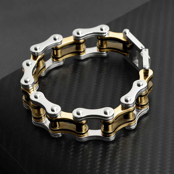 Stainless Steel Black And 18K Gold PVD Coated Bike Chain Bracelet / WCB1005