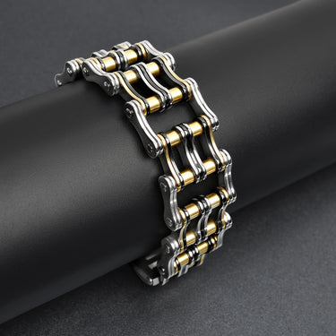 Stainless Steel Black And 18K Gold PVD Coated Double Bike Chain Bracelet / WCB1007