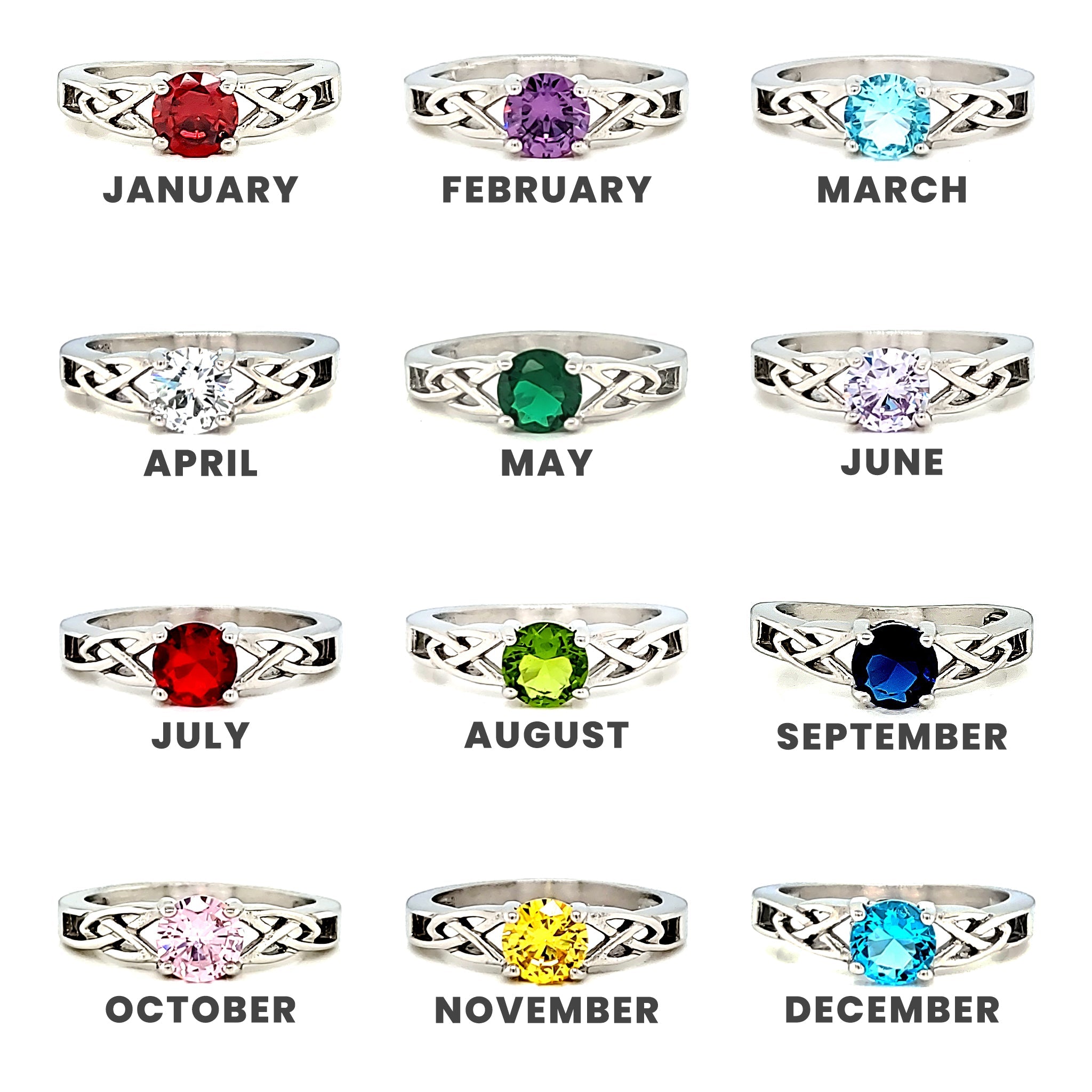 Stainless steel CZ stone Celtic rings in a variety of colors with their associated birth months.