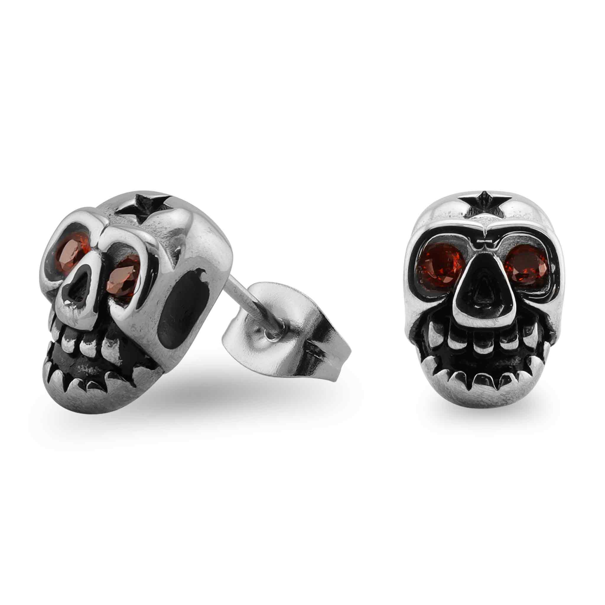 Stainless Steel Dark Red CZ Skull Eyes Post Earrings / ERC1011