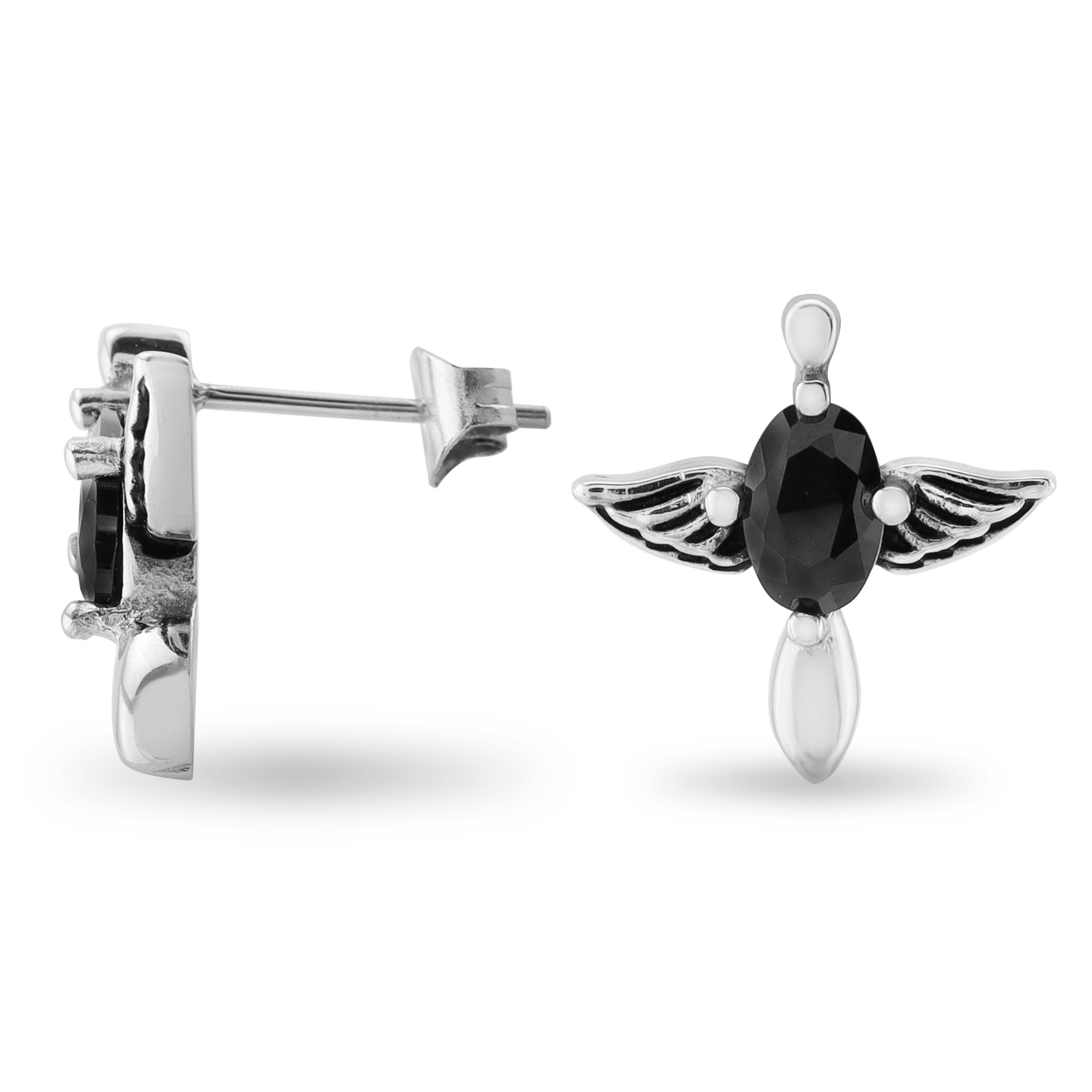 Black CZ Center With Wings Stainless Steel Earrings / ERC1016