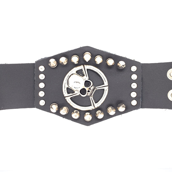 Black Leather Stainless Steel Skull And Crossbones Studded Bracelet /  LBJ12414