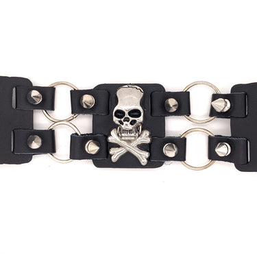 Black Leather Stainless Steel Skull And Crossbones Bracelet / LBJ1242-stainless steel jewelries- stainless steel jewelry mens- stainless steel good for jewelry- stainless steel jewelry for women