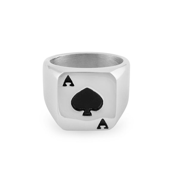 Stainless Steel Polished Black Ace Of Spades Signet Ring / PSB023