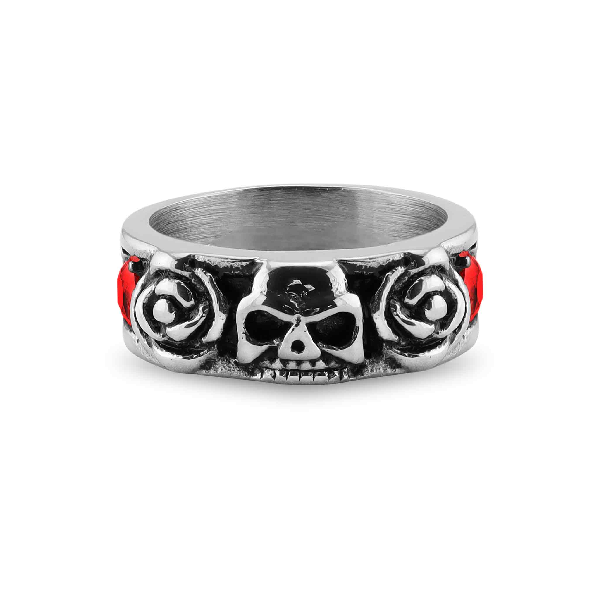 Stainless Steel Skull And Roses Red CZ Accent Ring / SCR3079