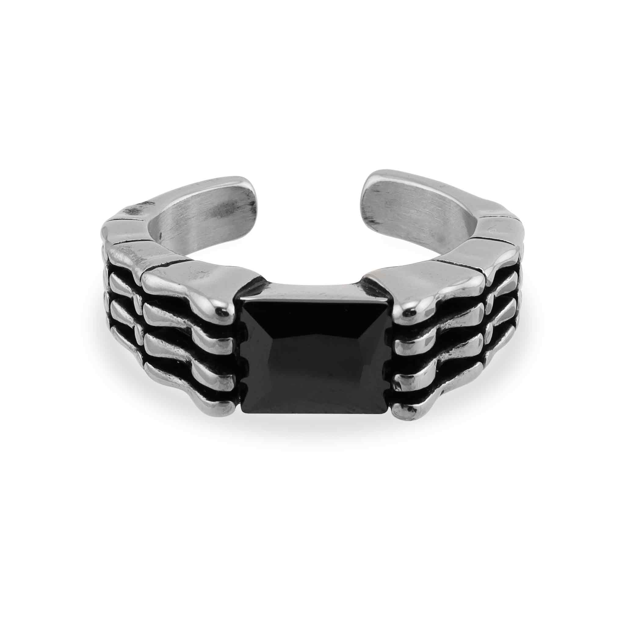 Black Center Stone Stainless Steel Bones Ring / SCR3078
