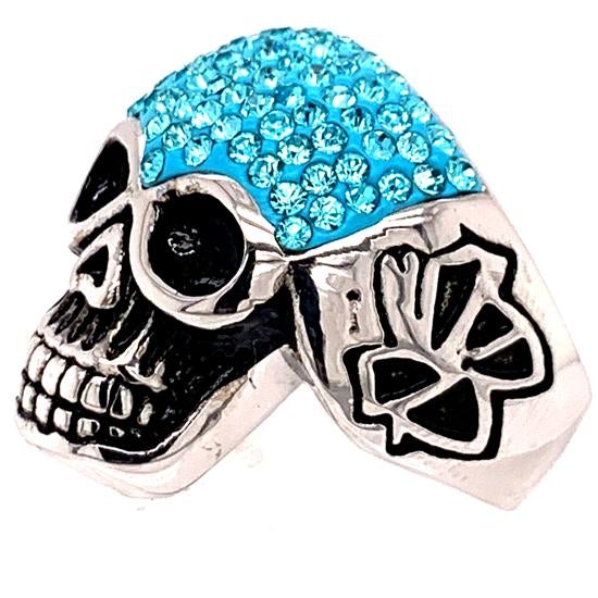 Skull With Tiny Blue Accent CZ Stones Stainless Steel Ring / SCR3102