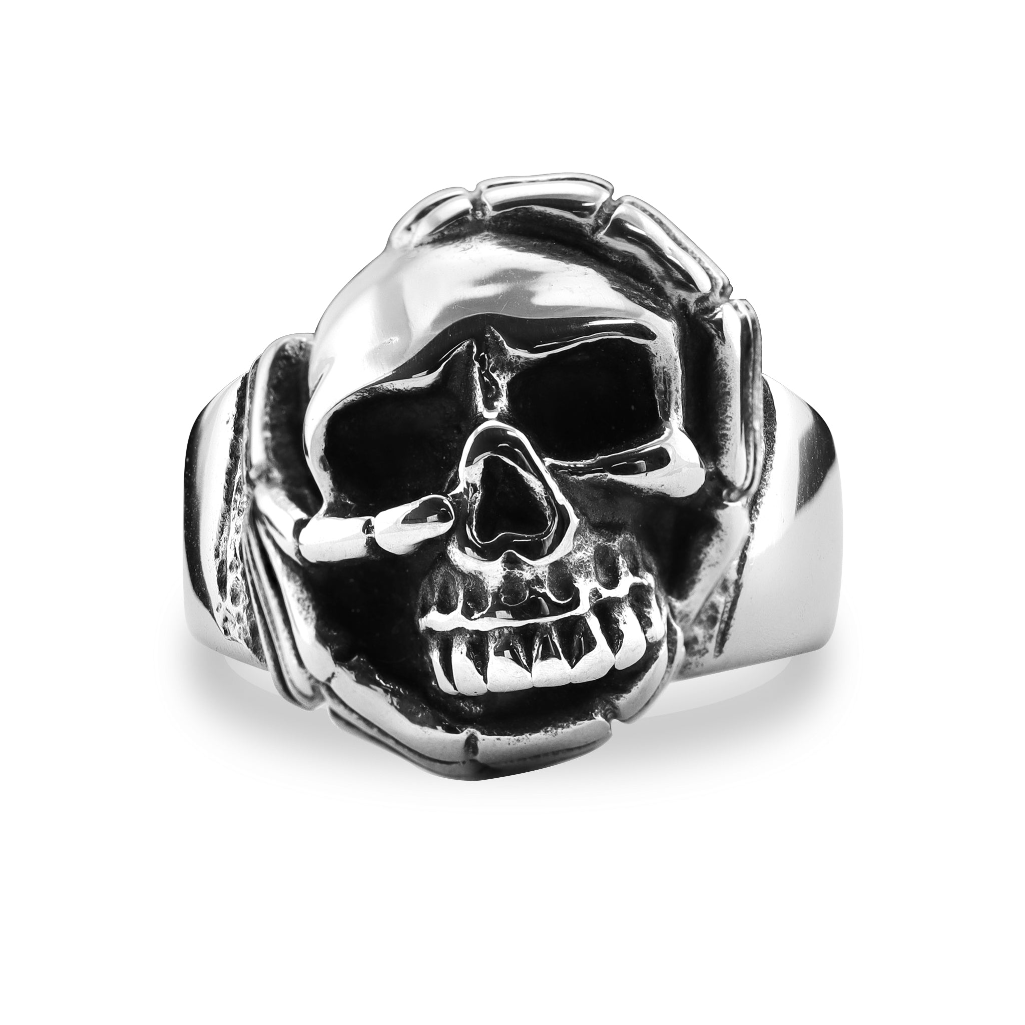 Skull With Skeleton Hands Stainless Steel Ring / SCR4069