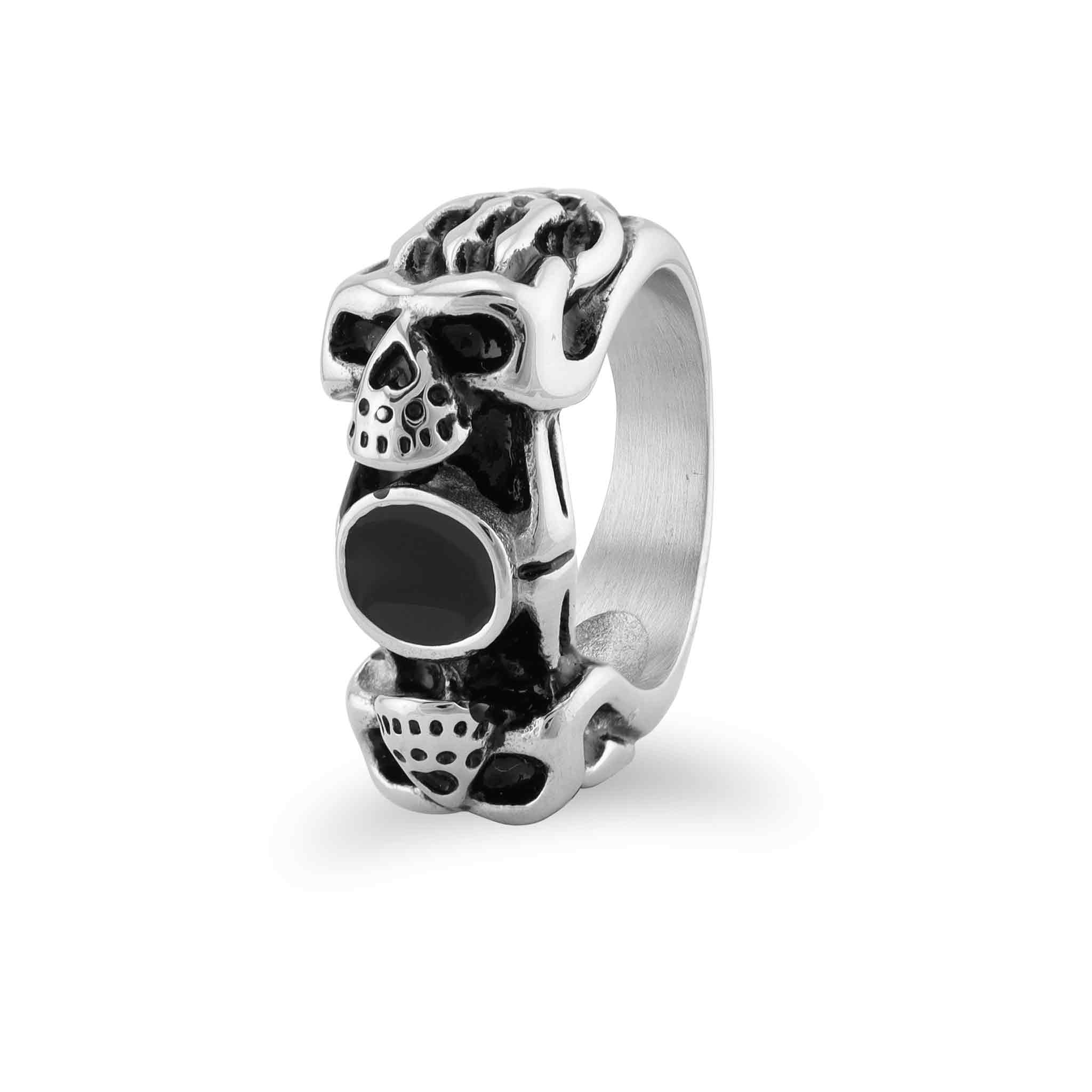 Polished Black CZ Stone Center With Skull Accents Stainless Steel Ring / SRJ2282