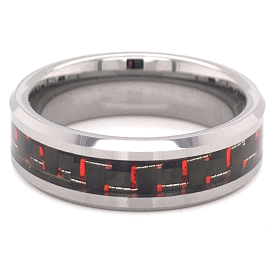 Tungsten Black & Red Pattern Center Ring / TGR1000-Black Tungsten Wedding Band- Polish Tungsten- Tungsten Carbide Ring- Black Wedding Ring- Brushed Black Tungsten