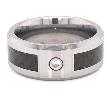 Black Fiber Center With Clear CZ Stone Tungsten Comfort Fit Ring / TGR1013-Black Tungsten Wedding Band- Polish Tungsten- Tungsten Carbide Ring- Black Wedding Ring- Brushed Black Tungsten