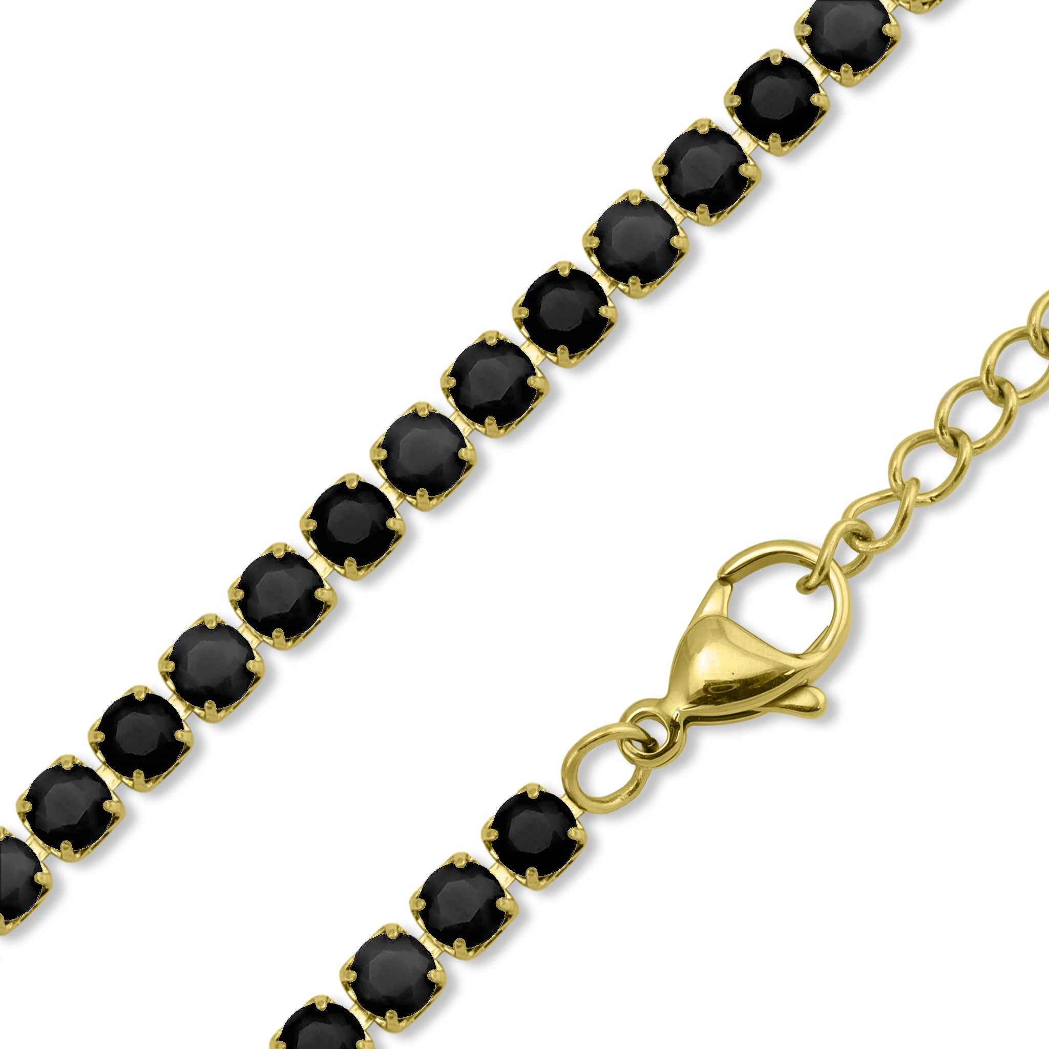 18k Gold PVD Coated Stainless Steel Jet Rhinestone Tennis Chain Necklace With 2" Extension / TNN0004
