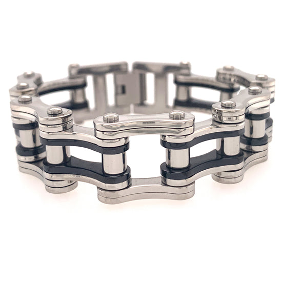 Stainless Steel And Black Bike Chain Bracelet / WCB1008-stainless steel mens jewelry- jewelry stainless steel- stainless steel jewelry made in china- wholesale stainless steel jewelry- does stainless steel jewelry tarnish