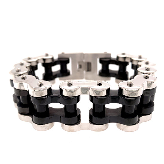 Stainless Steel and Black Bike Chain Bracelet / WCB1015-stainless steel jewelry wholesale- mens stainless steel jewelry- 316l stainless steel jewelry- stainless steel mens jewelry- jewelry stainless steel