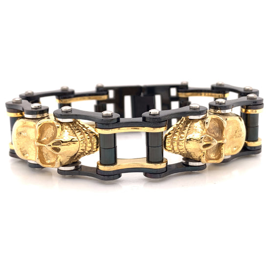 Black Onyx Gold Pirate Skull Bracelet | Mens Gemstone Beaded Bracelets |  OTAA