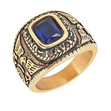 Gold United States Navy Blue Center Stone Stainless Steel Ring / MCR6003-stainless steel good for jewelry- stainless steel jewelry for women- womens stainless steel jewelry- stainless steel cleaner for jewelry- stainless steel jewelry wire