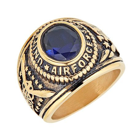 Gold United States Air Force Blue Center Stone Stainless Steel Ring / MCR6004-stainless steel jewelry- how to clean stainless steel jewelry- stainless steel jewelry wholesale- mens stainless steel jewelry- 316l stainless steel jewelry